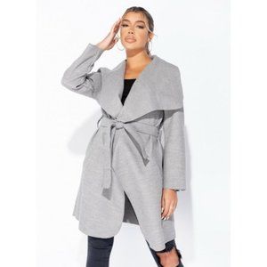 Gray Long Sleeve Wool Blend Oversized Lapel Belted Waterfall Collar Coat